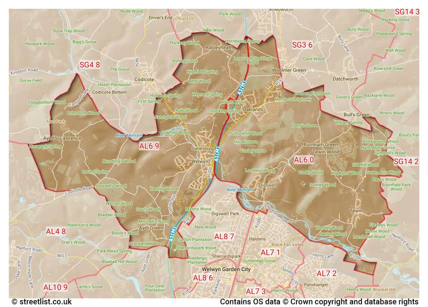 map showing postcode sectors within the AL6 district