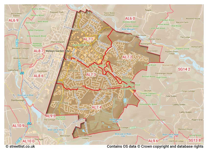 map showing postcode sectors within the AL7 district