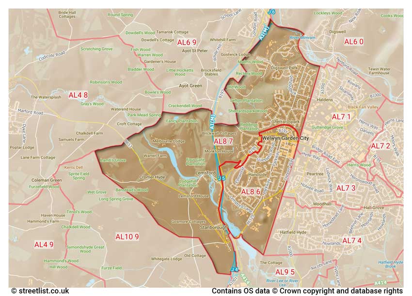 map showing postcode sectors within the AL8 district