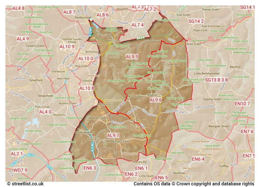 map showing postcode sectors within the AL9 district