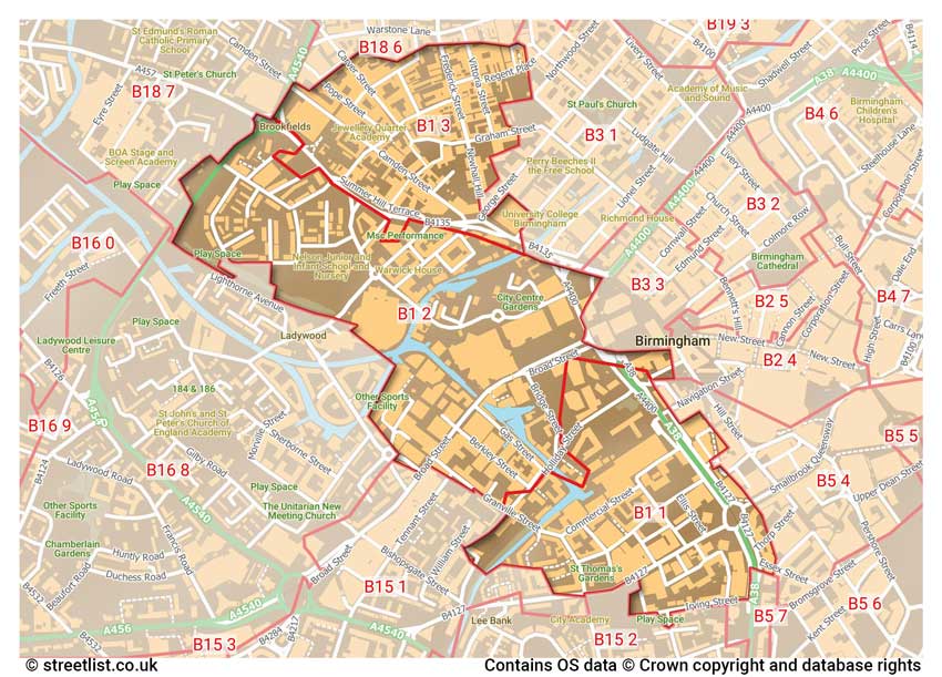 map showing postcode sectors within the B1 district