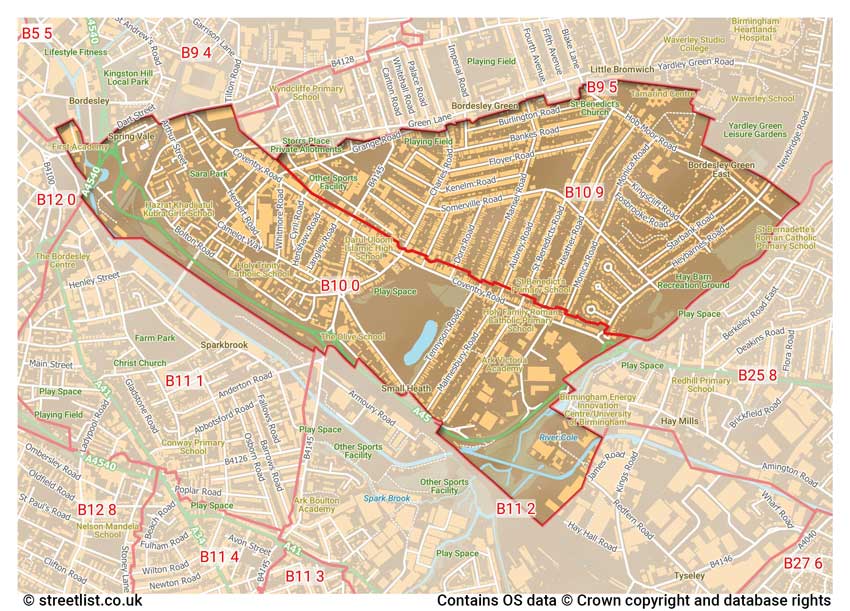 map showing postcode sectors within the B10 district