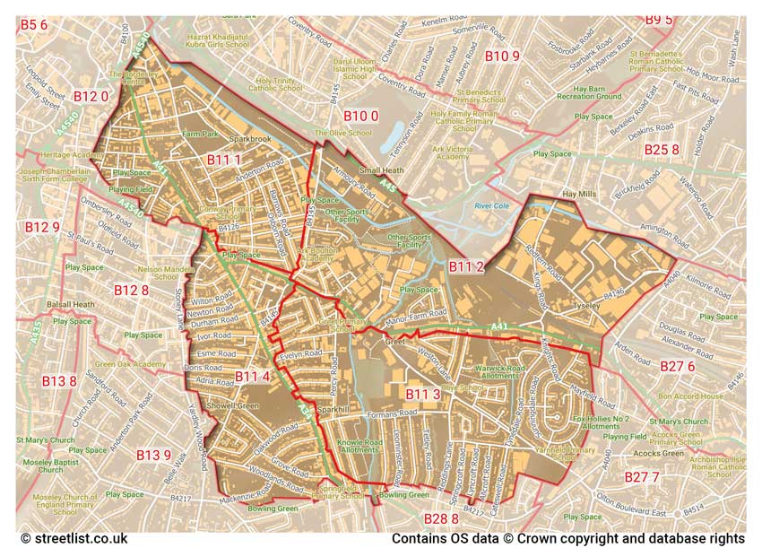 map showing postcode sectors within the B11 district