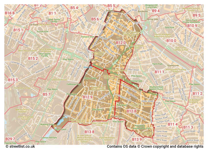 map showing postcode sectors within the B12 district