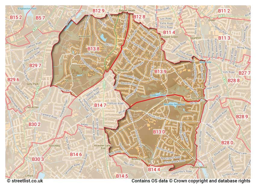 map showing postcode sectors within the B13 district