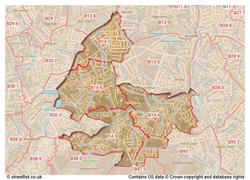 map showing postcode sectors within the B14 district