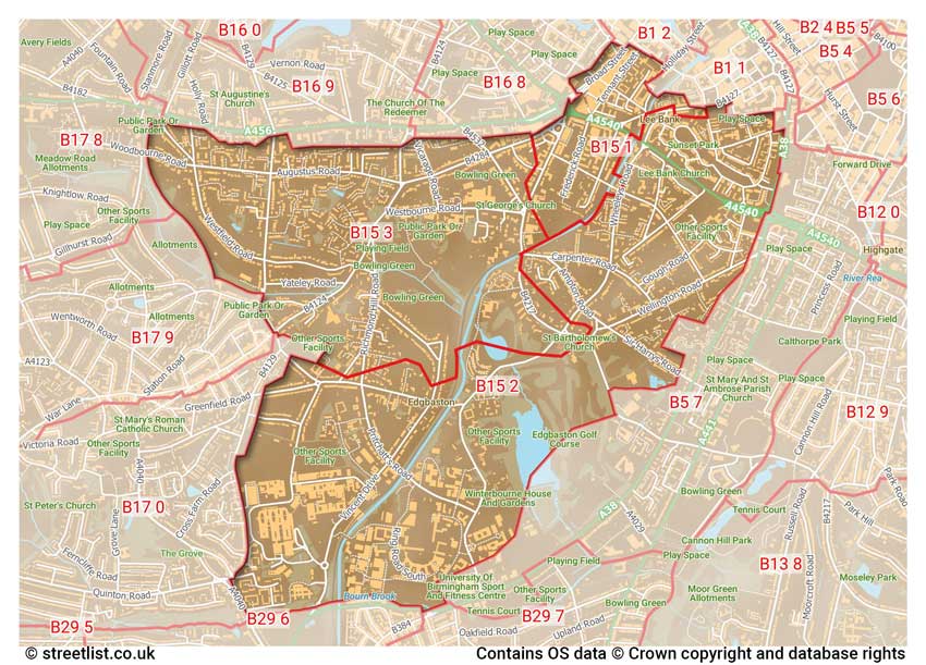 map showing postcode sectors within the B15 district