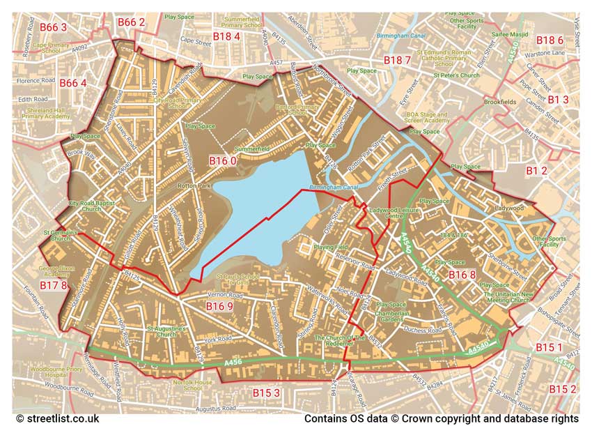 map showing postcode sectors within the B16 district