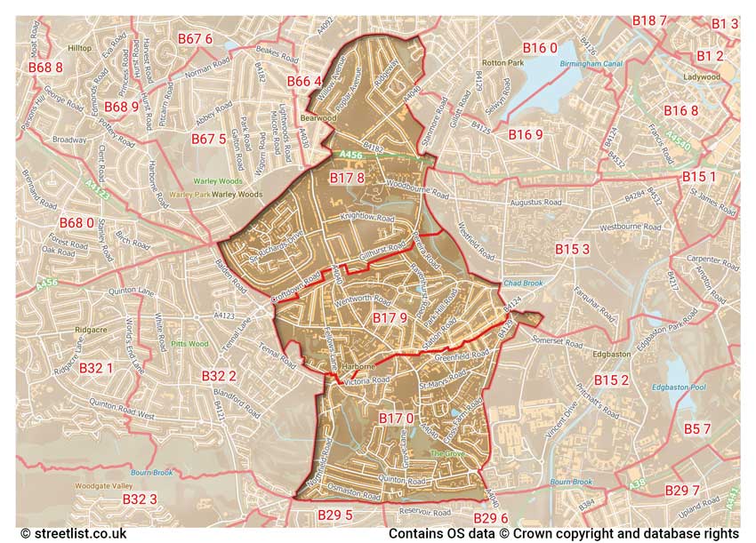 map showing postcode sectors within the B17 district