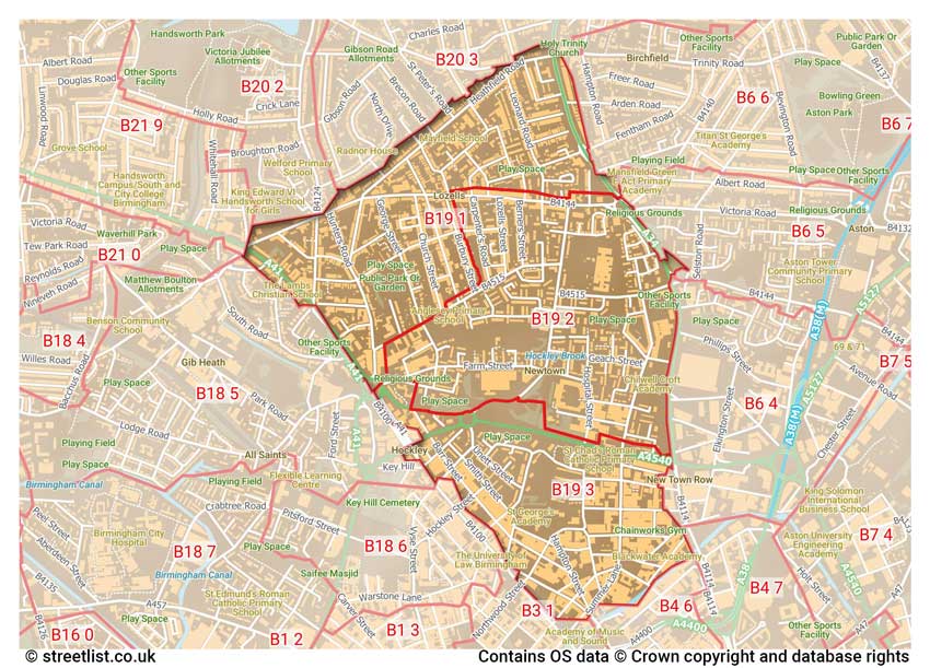 map showing postcode sectors within the B19 district