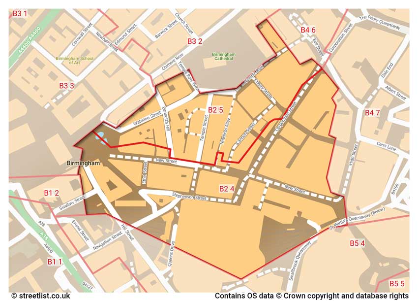 map showing postcode sectors within the B2 district