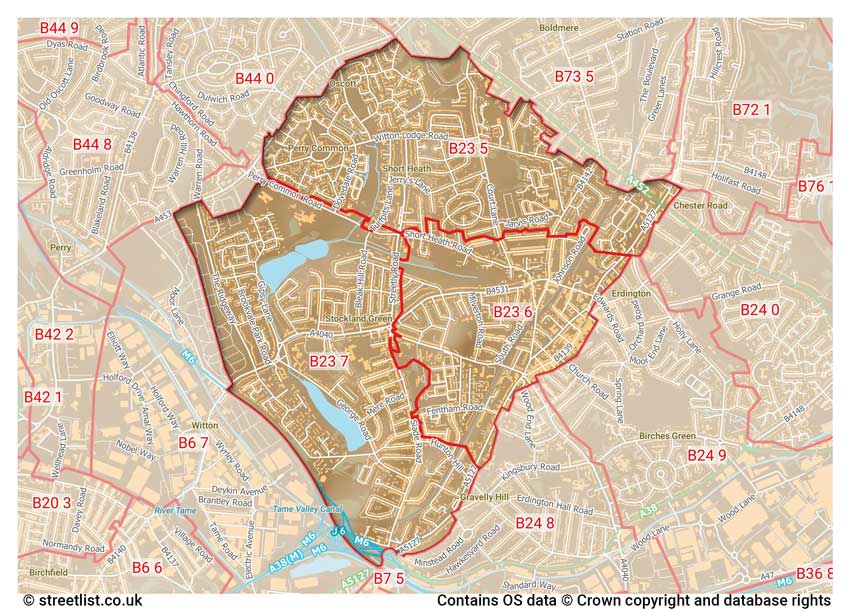 map showing postcode sectors within the B23 district