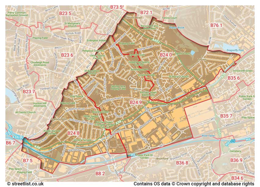 map showing postcode sectors within the B24 district