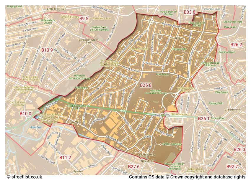 map showing postcode sectors within the B25 district