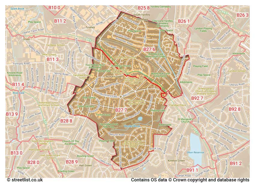 map showing postcode sectors within the B27 district