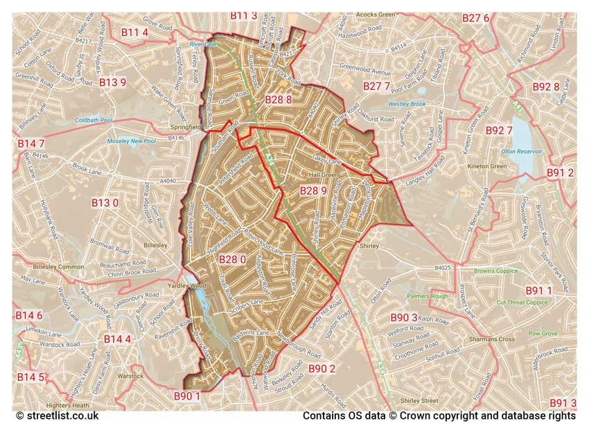 map showing postcode sectors within the B28 district