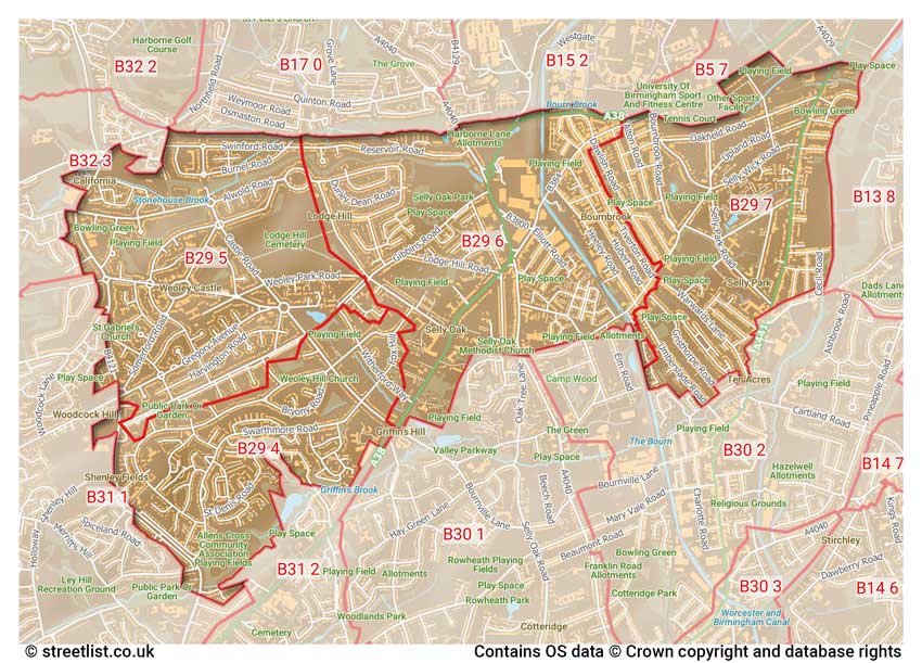 map showing postcode sectors within the B29 district