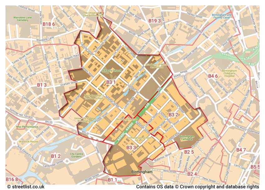 map showing postcode sectors within the B3 district