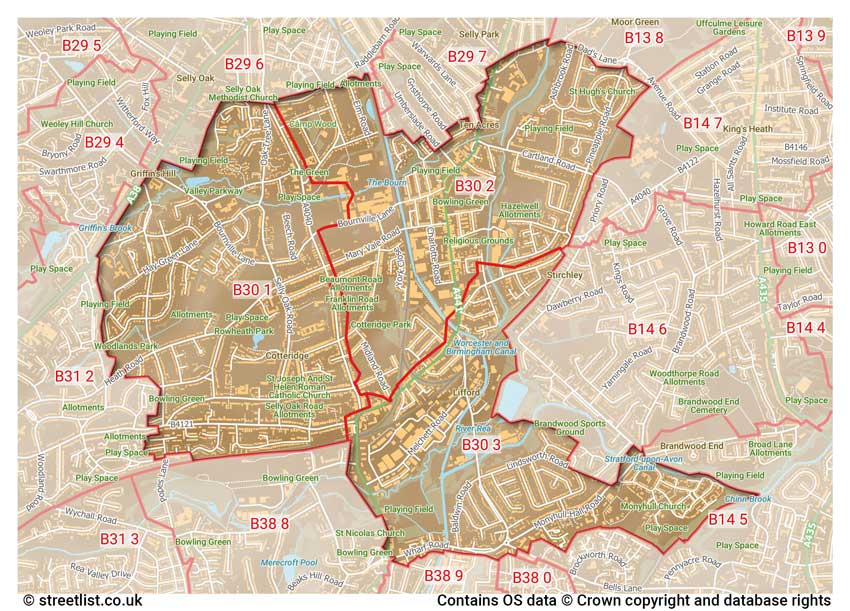 map showing postcode sectors within the B30 district