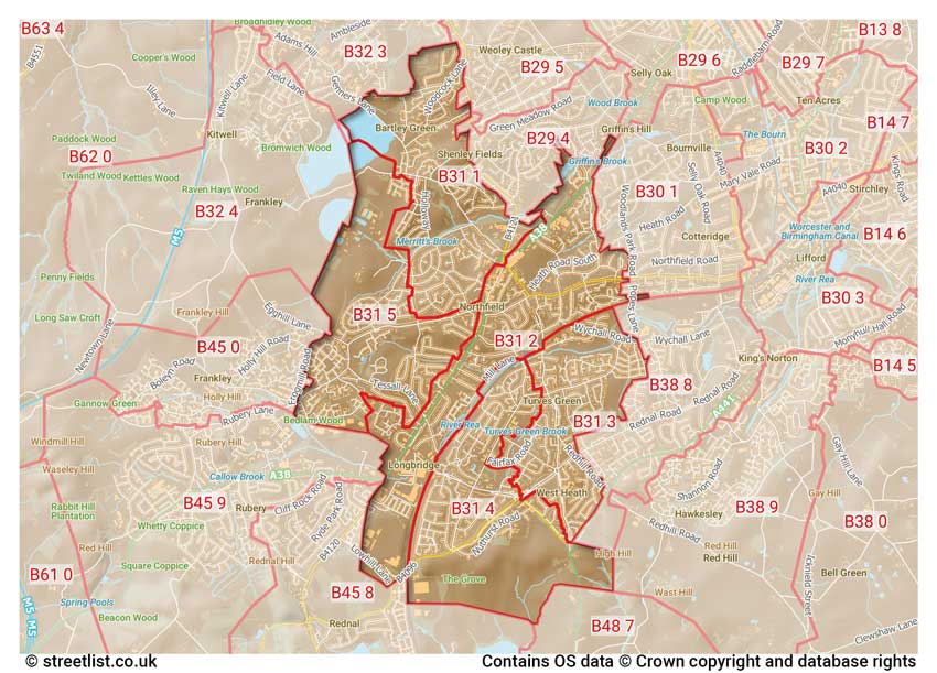 map showing postcode sectors within the B31 district