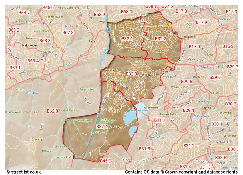 map showing postcode sectors within the B32 district