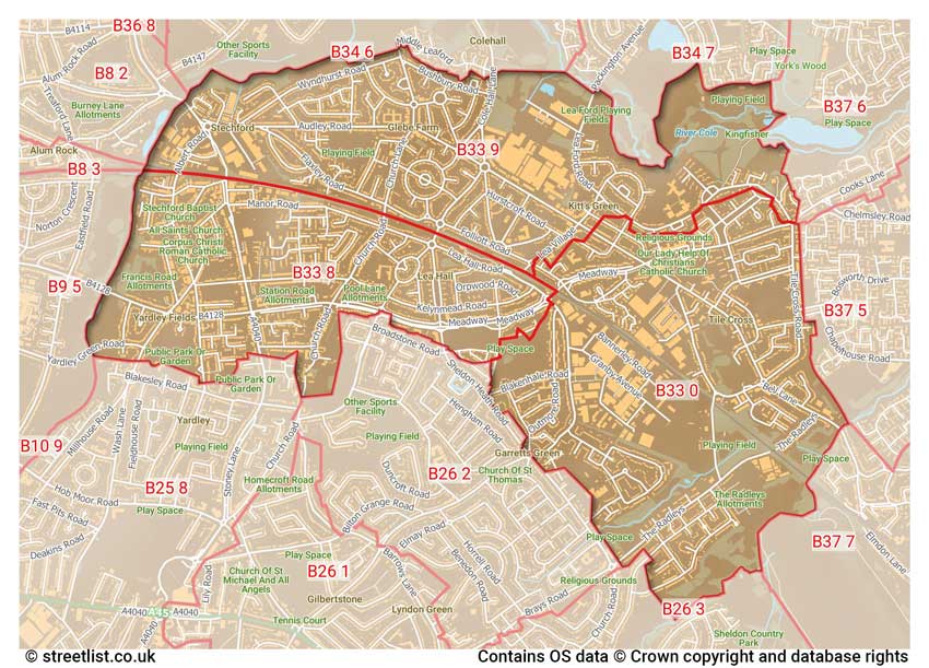 map showing postcode sectors within the B33 district