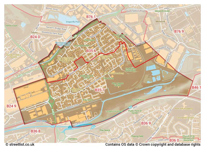 map showing postcode sectors within the B35 district