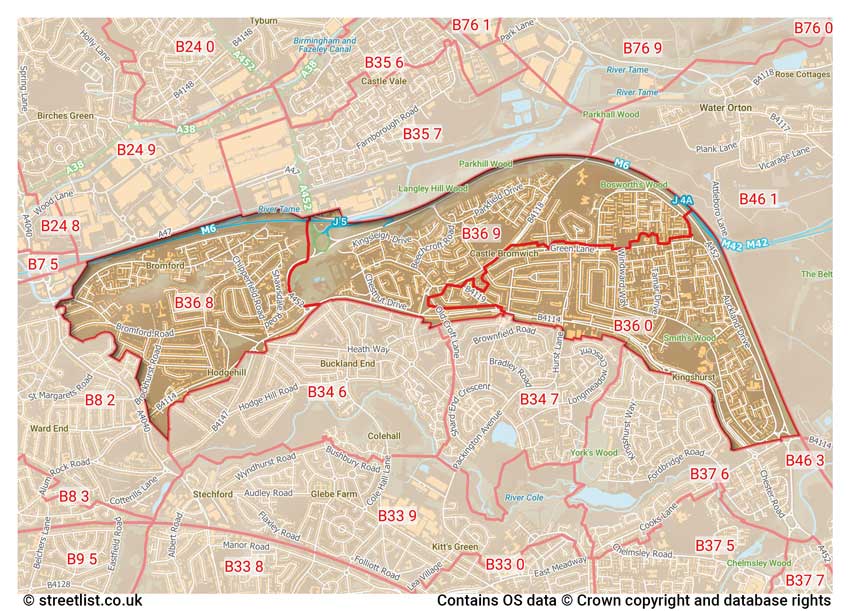 map showing postcode sectors within the B36 district