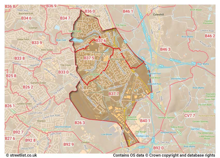 map showing postcode sectors within the B37 district