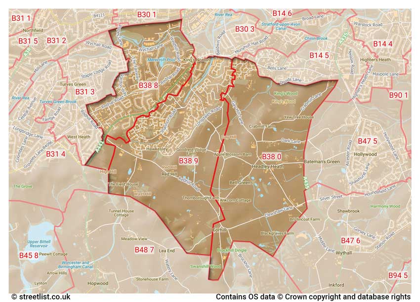 map showing postcode sectors within the B38 district