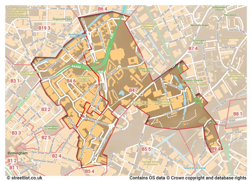 map showing postcode sectors within the B4 district