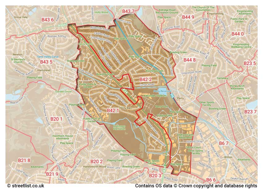 map showing postcode sectors within the B42 district