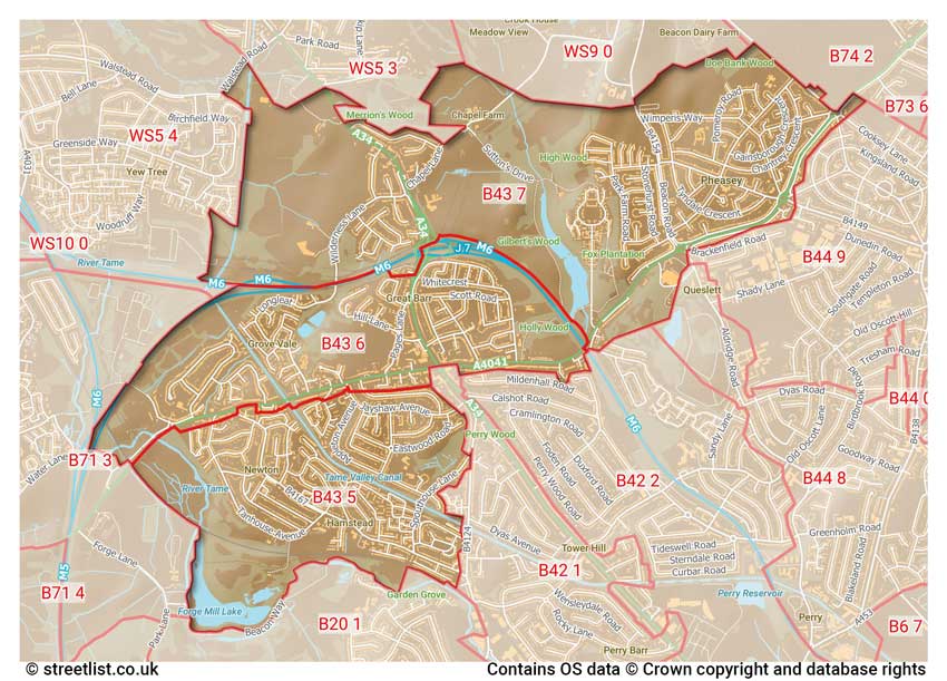 map showing postcode sectors within the B43 district