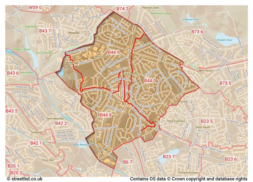 map showing postcode sectors within the B44 district