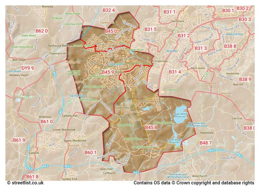 map showing postcode sectors within the B45 district