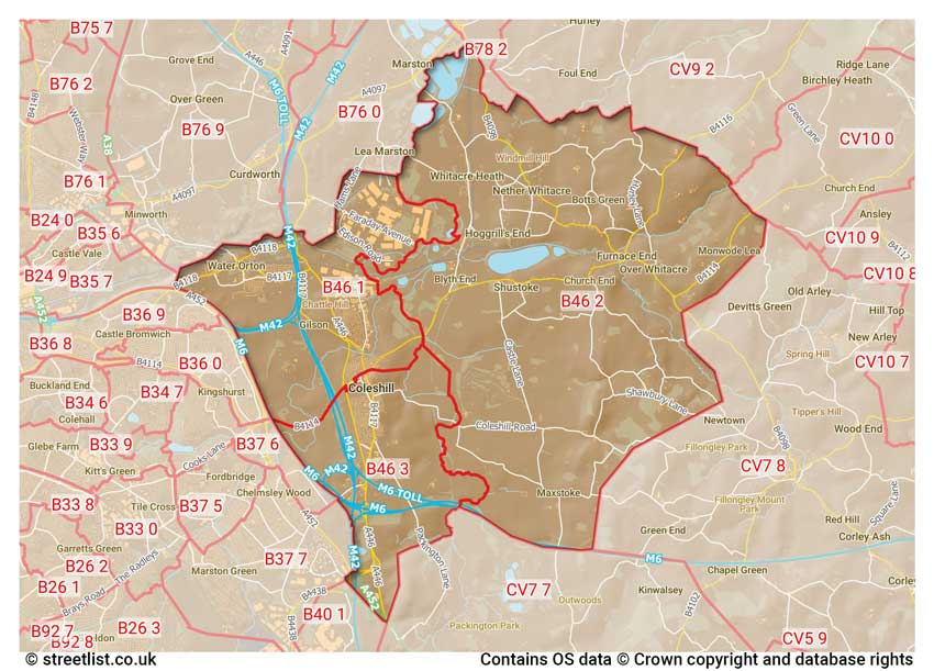 map showing postcode sectors within the B46 district