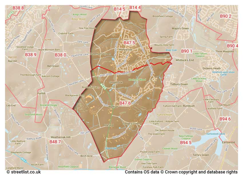 map showing postcode sectors within the B47 district