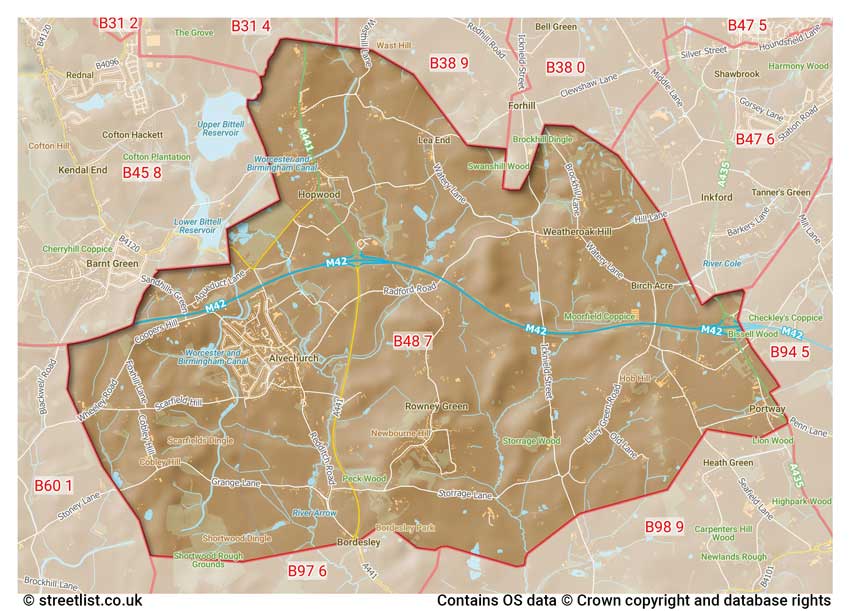 map showing postcode sectors within the B48 district