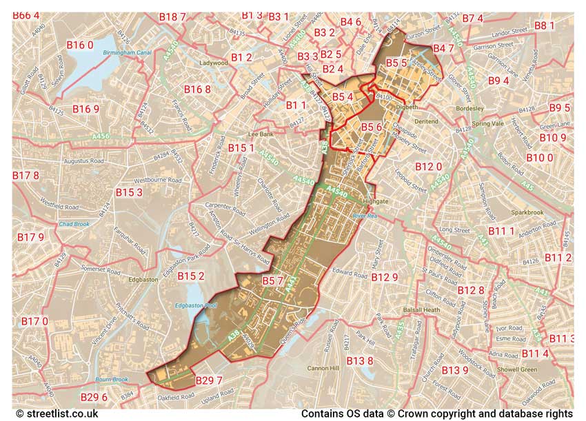 map showing postcode sectors within the B5 district