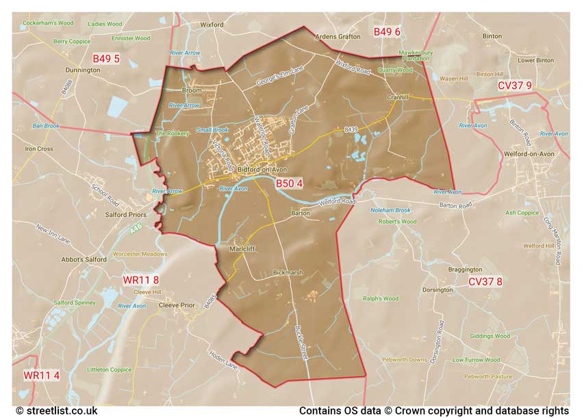 map showing postcode sectors within the B50 district