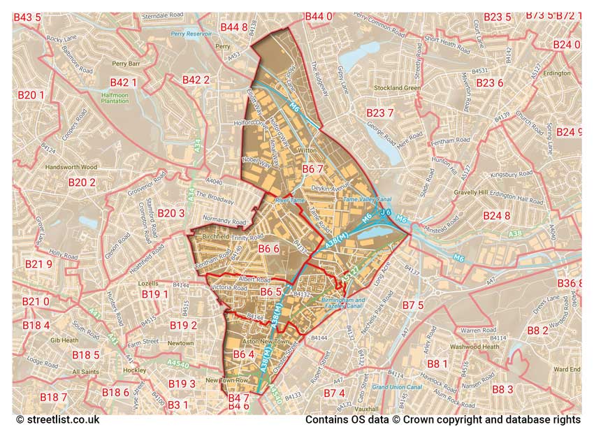 map showing postcode sectors within the B6 district