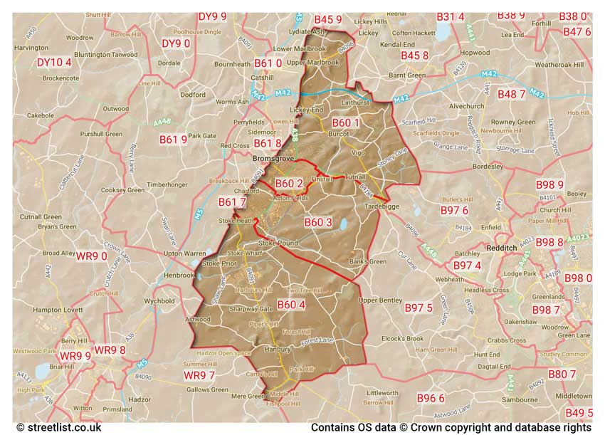 map showing postcode sectors within the B60 district