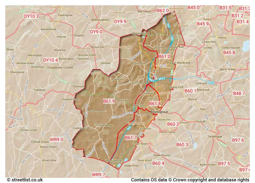 map showing postcode sectors within the B61 district