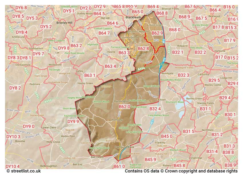 map showing postcode sectors within the B62 district