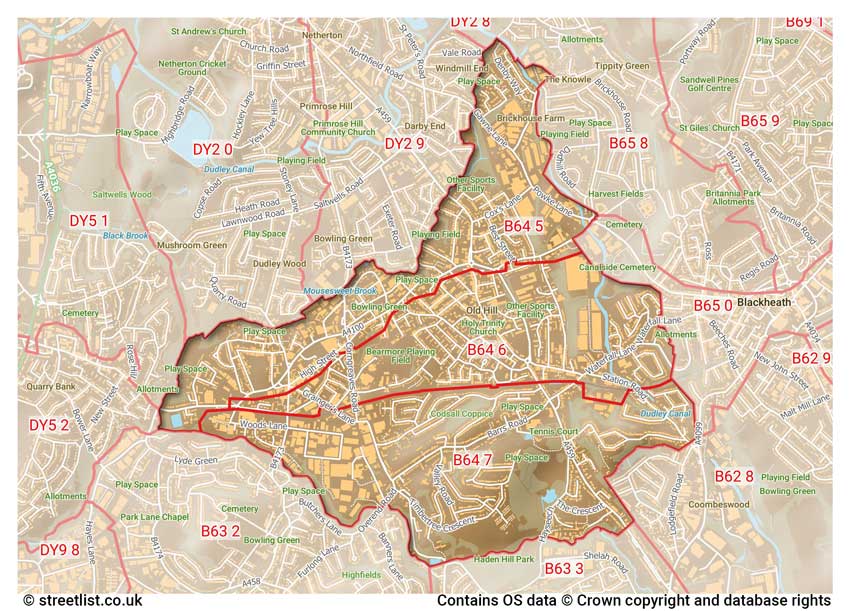 map showing postcode sectors within the B64 district