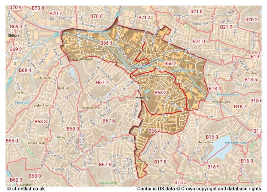 map showing postcode sectors within the B66 district