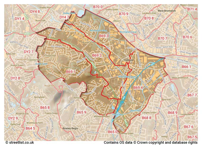 map showing postcode sectors within the B69 district