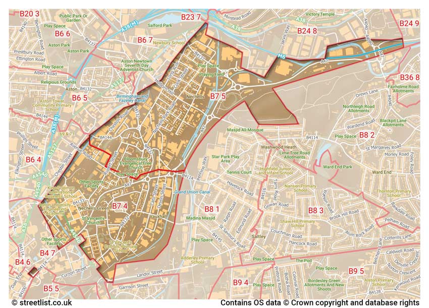 map showing postcode sectors within the B7 district