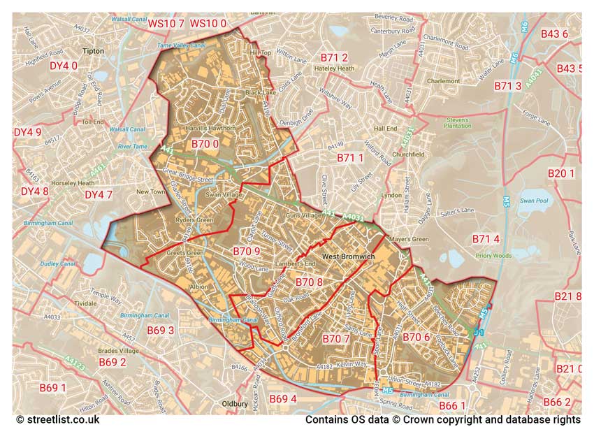 map showing postcode sectors within the B70 district