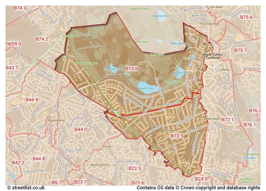 map showing postcode sectors within the B73 district